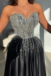 Shining Black Sweetheart A-line Beaded Sleeveless Long Satin Evening Dresses With Slit